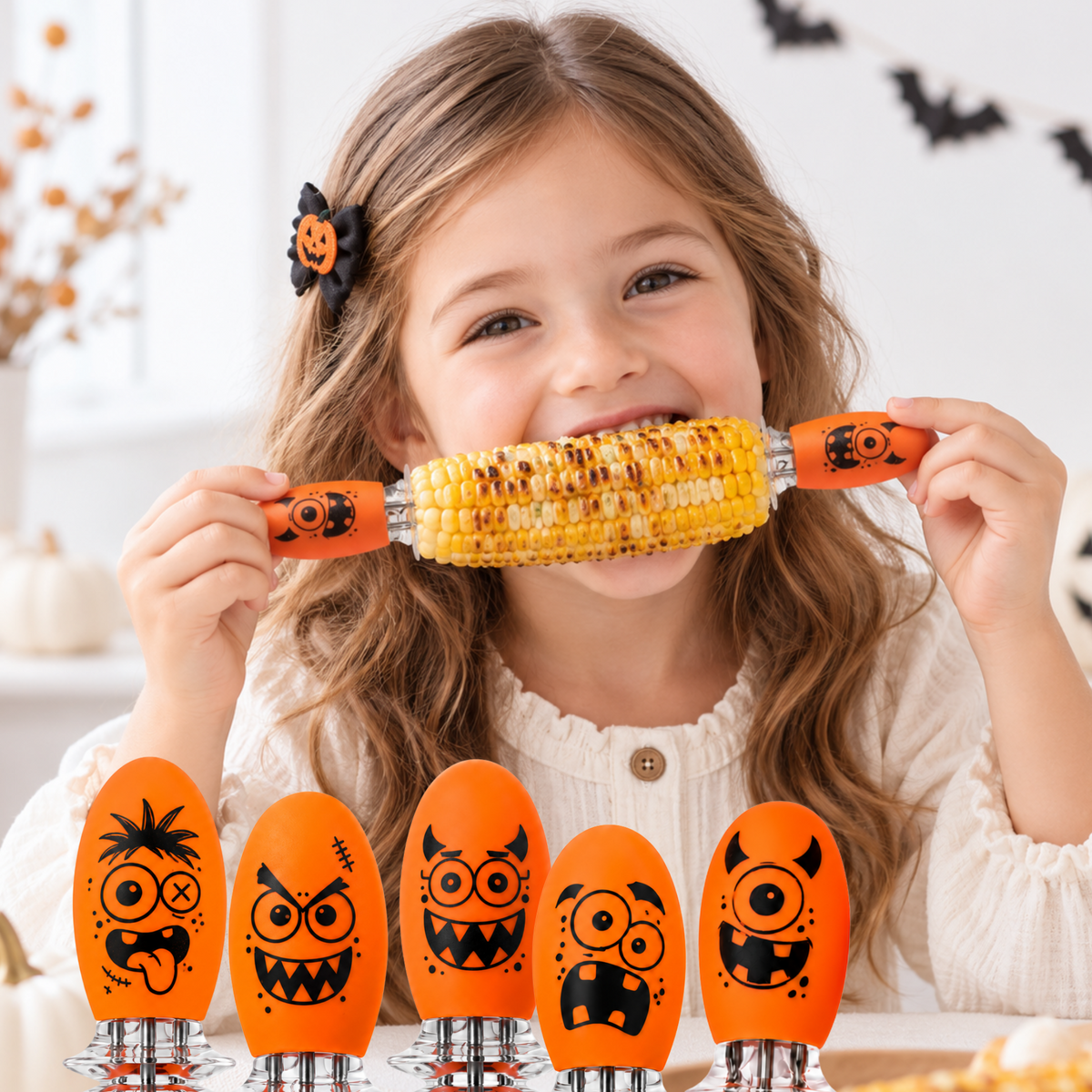 Child enjoying corn with Fumiko Crazy Monsters corn holders