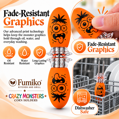 Fade-resistant and dishwasher-safe Crazy Monsters corn holders