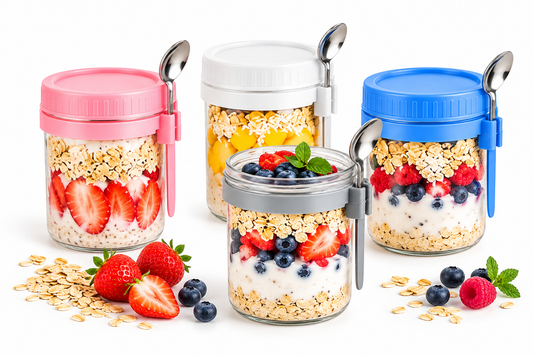 Four Prep & Go glass jars with lids and spoons on white